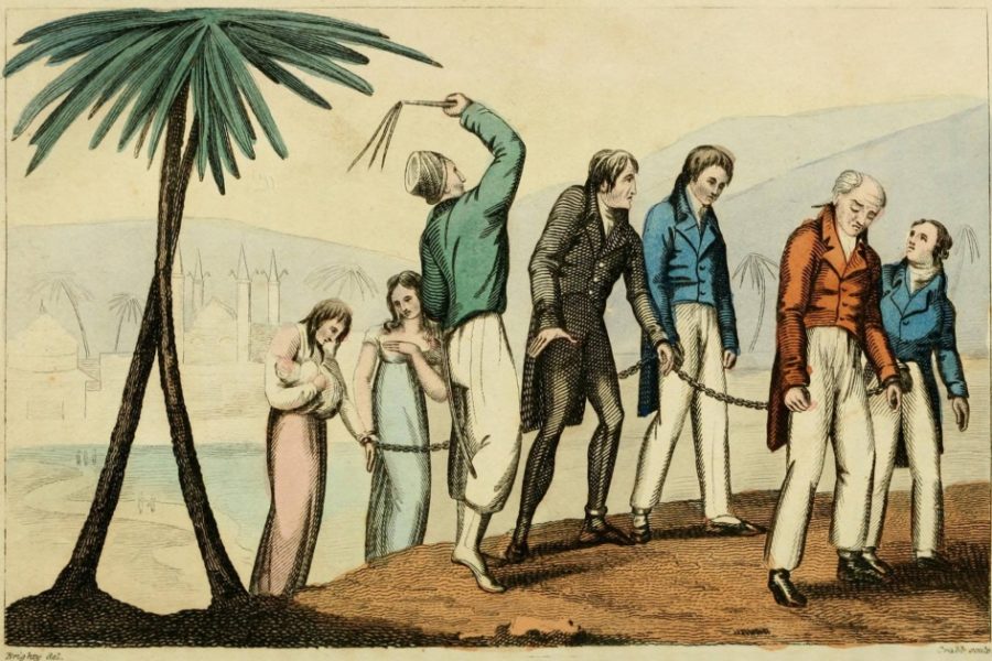 Osmaanse piraten op weg naar de slavenmarkt met gevangengenomen Europeanen, ca.
1800.