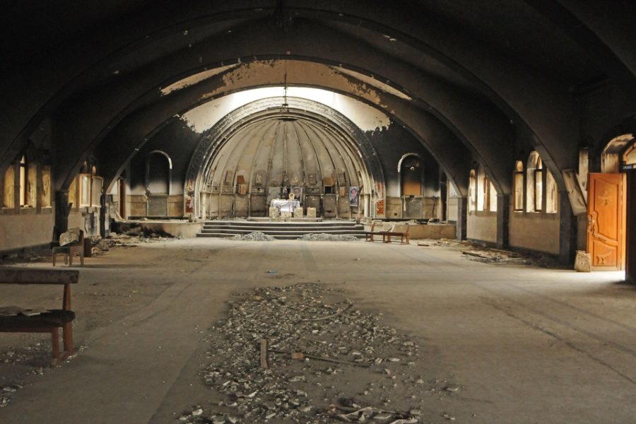 Qaraqosh, (Bakhdida) in de Ninevevlakte, Irak. De nieuwe kerk van de Onbevlekte
Ontvangenis, vernield en in brand gestoken door IS.