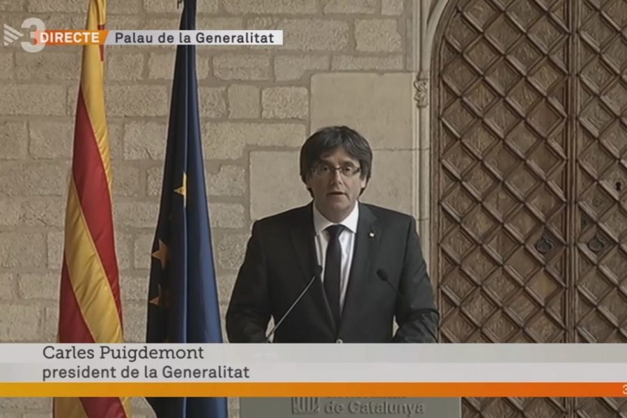 Carles Puigdemont, tijdens zijn live tv-toespraak op 26 oktober 2017.