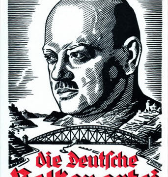 Propaganda-affiche die het door Stresemann gesloten verdrag tussen Frankrijk en
Duitsland om het Rijnland te verlaten symboliseert.