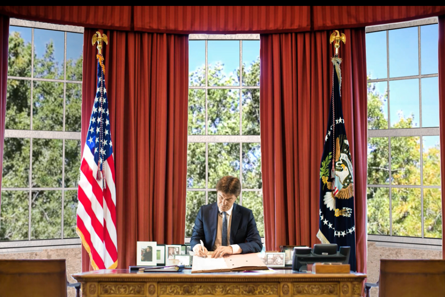 Minister van media Sven Gatz als president van de VS in het Oval Office.
