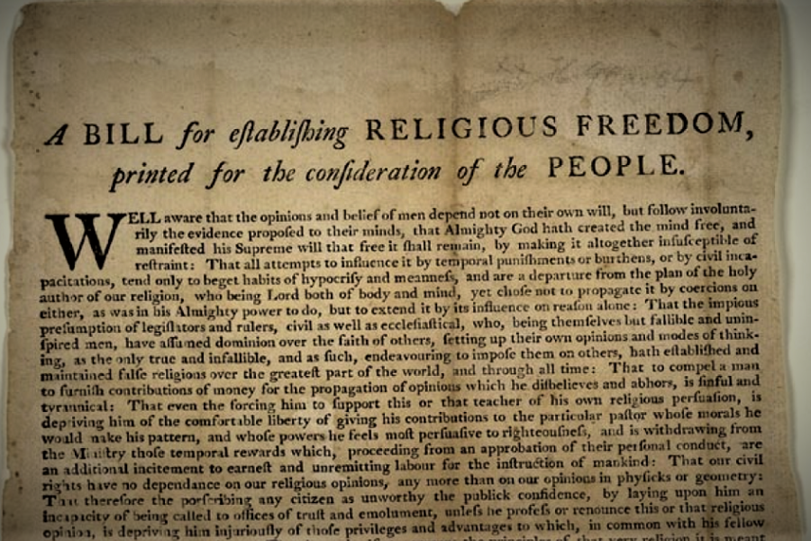 De scheiding van Kerk en Staat in Virginia (VS), geschreven door Thomas
Jefferson