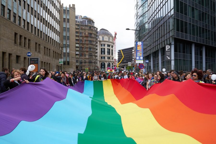 De Gay Pride in Brussel. Er wordt weinig naar de migratie verwezen, maar vaak
ligt daar wel het probleem bij gaybashing. .