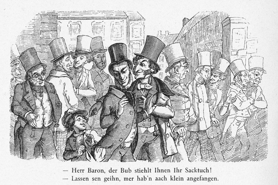 Karikatuur van joodse speculanten. Onderschrift leest: (in Duits) ‘Meneer de
baron, die jongen steelt Uw zakdoek!’ (in Jiddisch) ‘Laat hem maar, wij zijn ook
klein begonnen.’