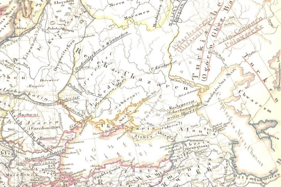 Het Chazarenrijk op een kaart van Europa ten tijde van Karel de Grote
(«Historisch-geographischer Handatlas», Karl von Spruner, 1854).