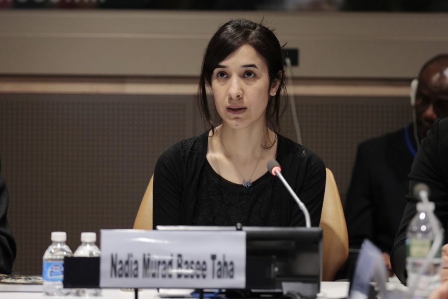 Nadia Murad tijdens een VN-conferentie in New York.