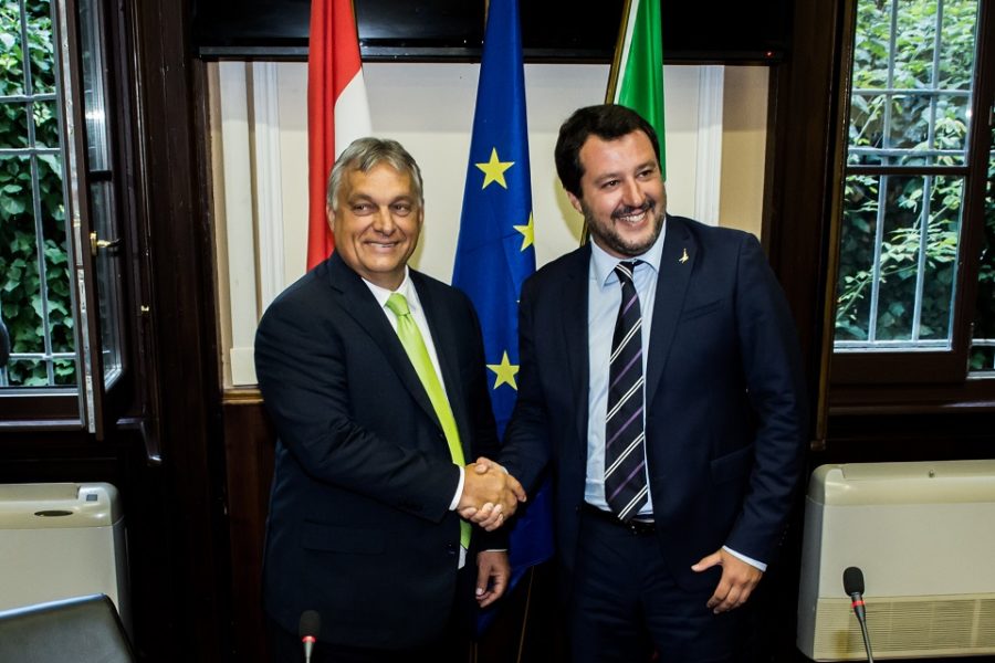 Matteo Salvini (toen minister van Binnenlandse Zaken van Italië) ontvangt de
Hongaarse premier Viktor Orban (28-08-2018).