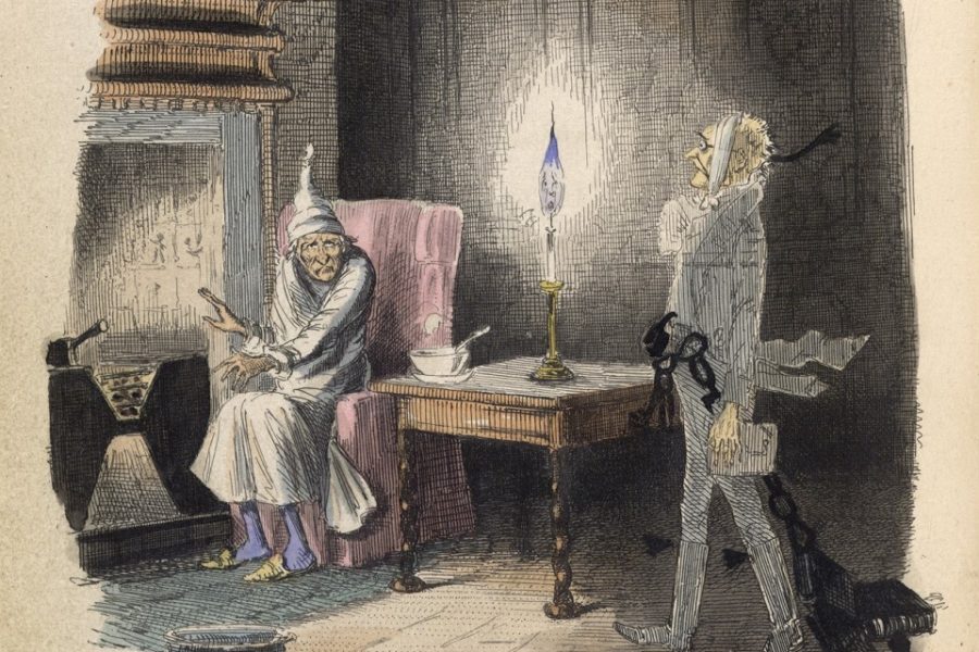 Scrooge krijgt bezoek van Marleys Geest. Afbeelding uit ‘A Christmas Carol in
prose’ uit 1843