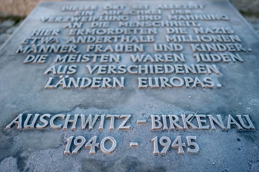 25 januari 2020, Poland, Oswiecim: een herdenkingsplakket met het opschrift
‘Auschwitz-Birkenau’ bedekt met een laagje rijm.