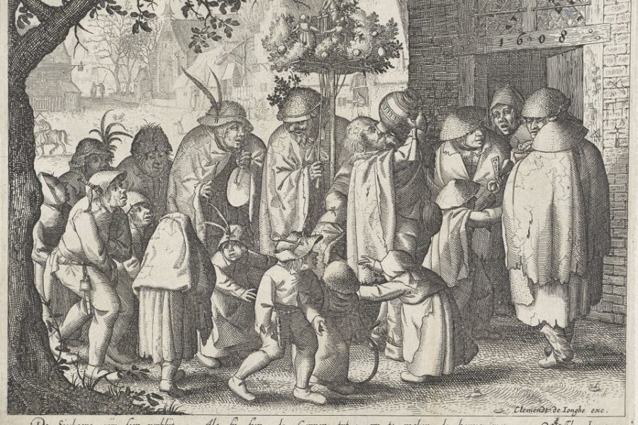 Optocht van leprozen in een dorp, Claes Jansz. Visscher (II), 1640 – 1670