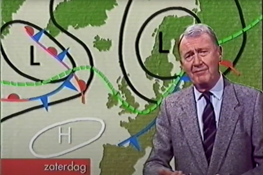 De legendarische weerman Armand Pien, met op de kaart (in het groen) de fameuze
straalstroom (13/10/1989).