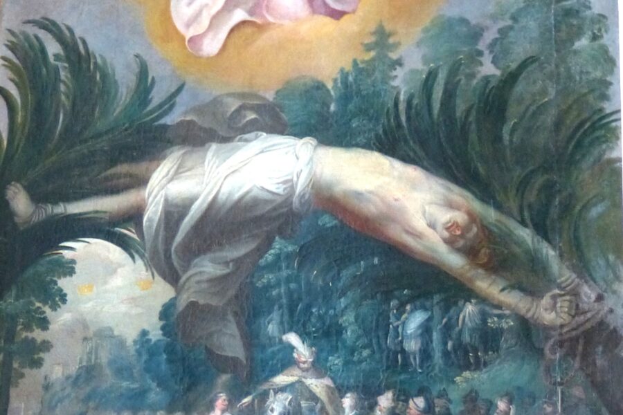 De heilige Corona: weinig te maken met pandemieën, des te meer met palmbomen.
Uitsnede uit altaarstuk ‘Martyrium der heiligen Corona’ van Jakob Bendl.
