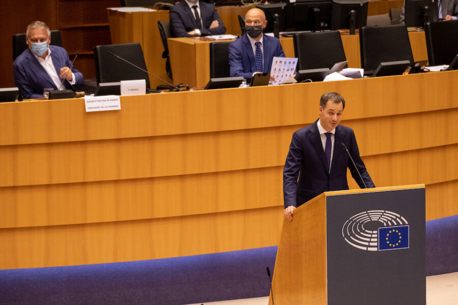 Premier Alexander De Croo bij de federale regeringsverklaring in het Europees
Parlement, 1 oktober 2020.