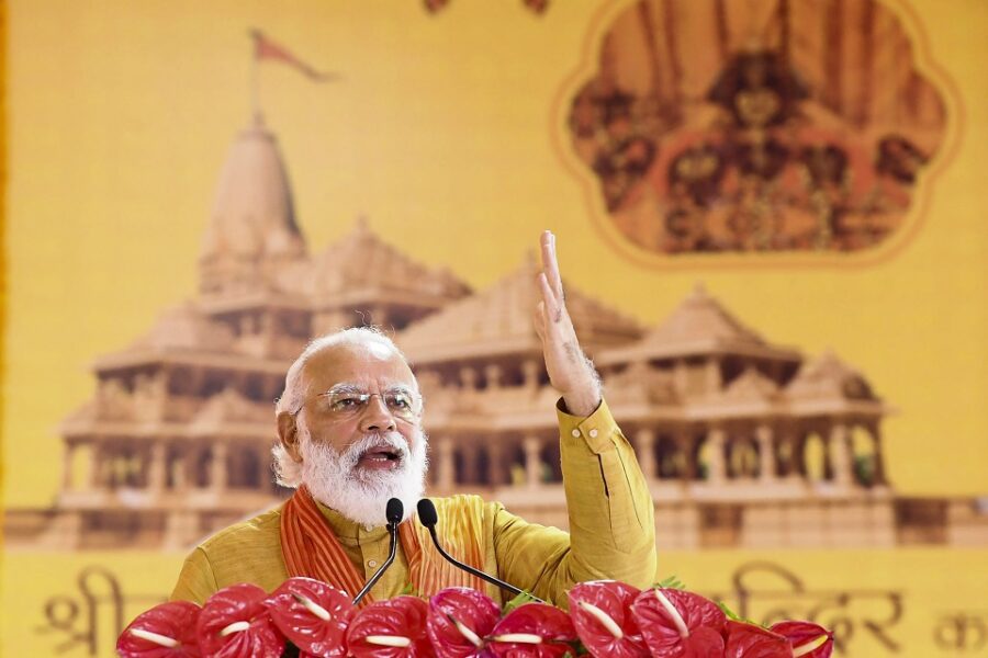 De Indische premier Narendra Modi op 5 augustus 2020, bij het begin van het
herbouwen van de Ayodhya-tempel