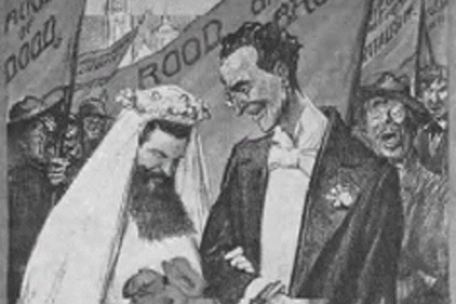 Detail uit een liberale spotprent. Links Van Cauwelaert, rechts Huysmans
