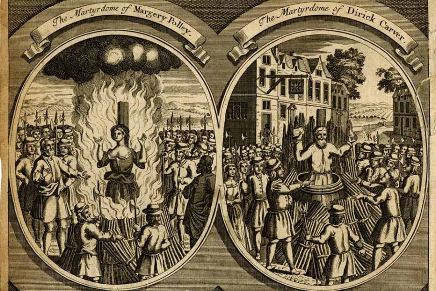 De protestantse martelaren Margery Polley en Dirick (Deryk) Carver op de
brandstapel.