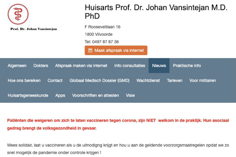 Tot maandag 27 september was dit de boodschap op de webpagina van dr.
Vansintejan