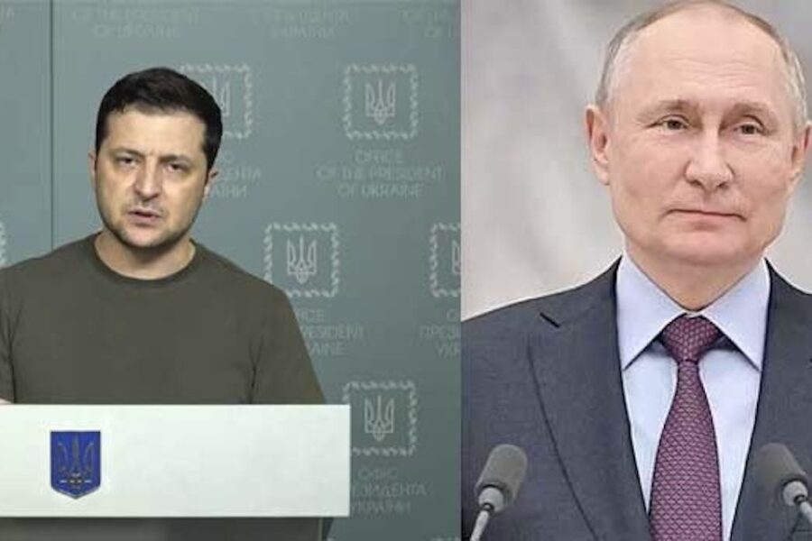 Links: president Zelensky van Oekraïne. Rechts: je weet wel wie.