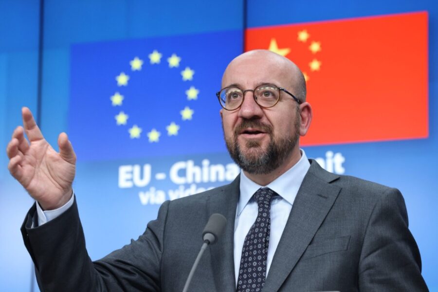 De voorzitter van de Europese Raad Charles Michel na de EU-China-top van 1
april.