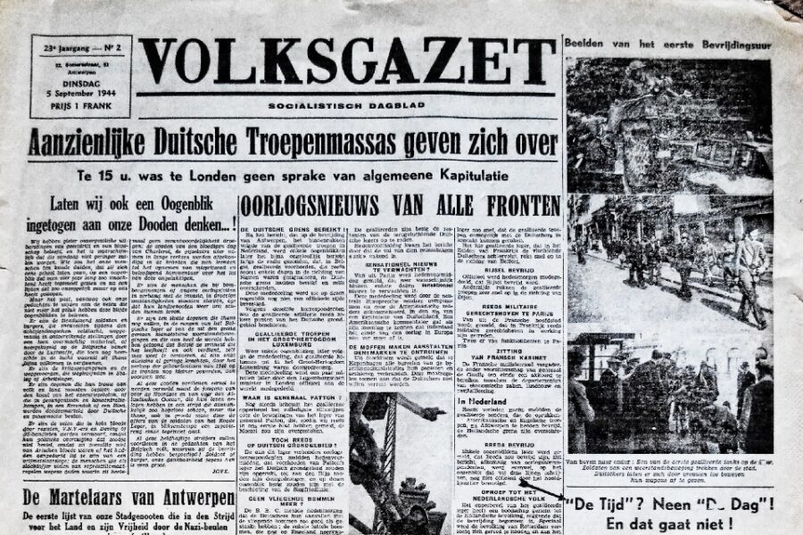 Volksgazet was de eerste krant om weer te verschijnen na de Duitse bezetting van
WO II. Hier het nummer van 5 september 1944.