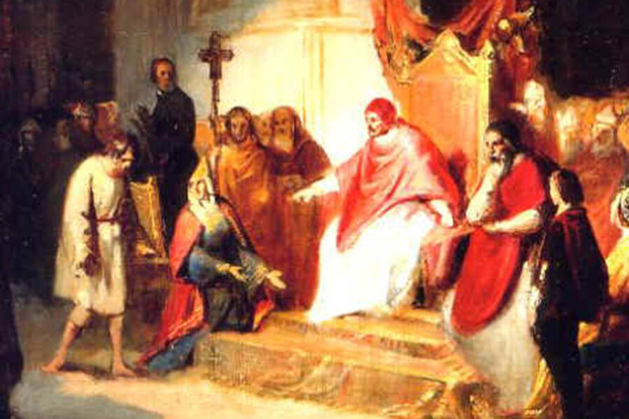 Hendrik IV vraagt Paus Gregorius om vergiffenis in het kasteel van Canossa.