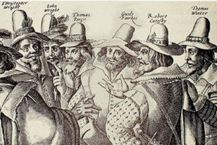 De samenzweerders met Guy Fawkes als derde van rechts