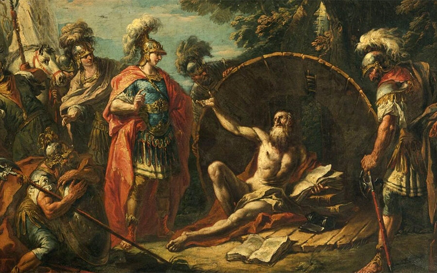 Alexander de Grote bezoekt Diogenes in zijn ton (Gaspare Diziani, 1740)