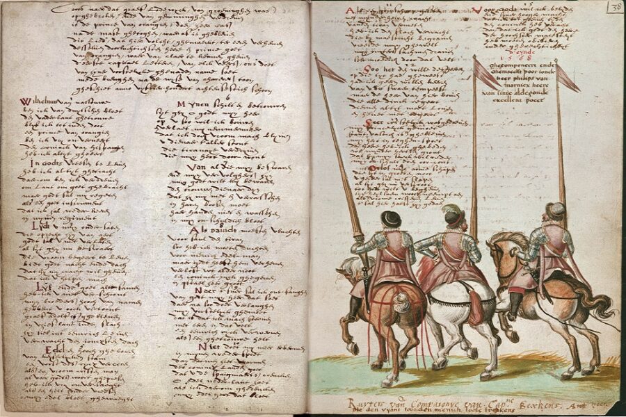 Handschrift met het Wilhelmus uit 1617. Marnix van St Aldegonde wordt op de
rechterpagina genoemd als auteur van het lied.