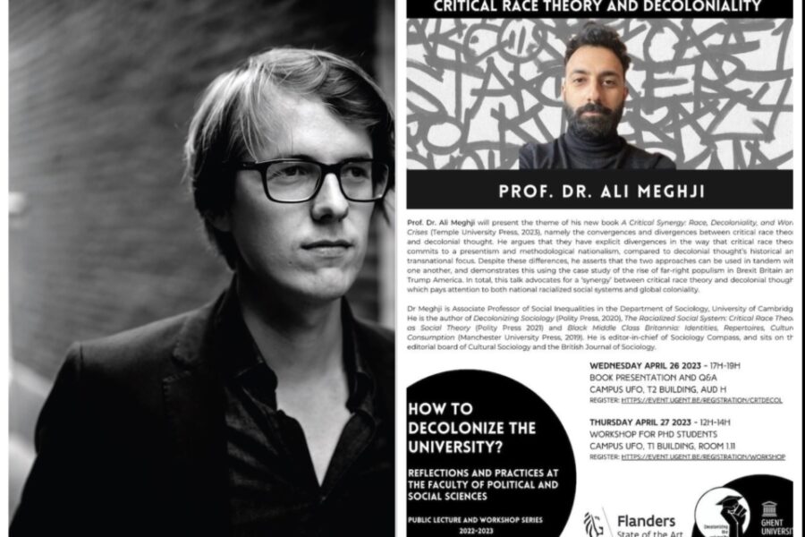 Filosoof Maarten Boudry en de flyer voor een lezing over ‘Critical Race Theory’.