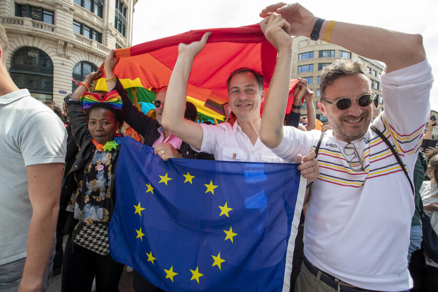 Alexander De Croo en Pascal Smet op de Brussels Pride, zaterdag 20 mei.