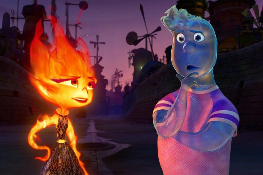 Het vuurmeisje Ember en de waterjongen Wade uit Elemental, van Pixar (2023).