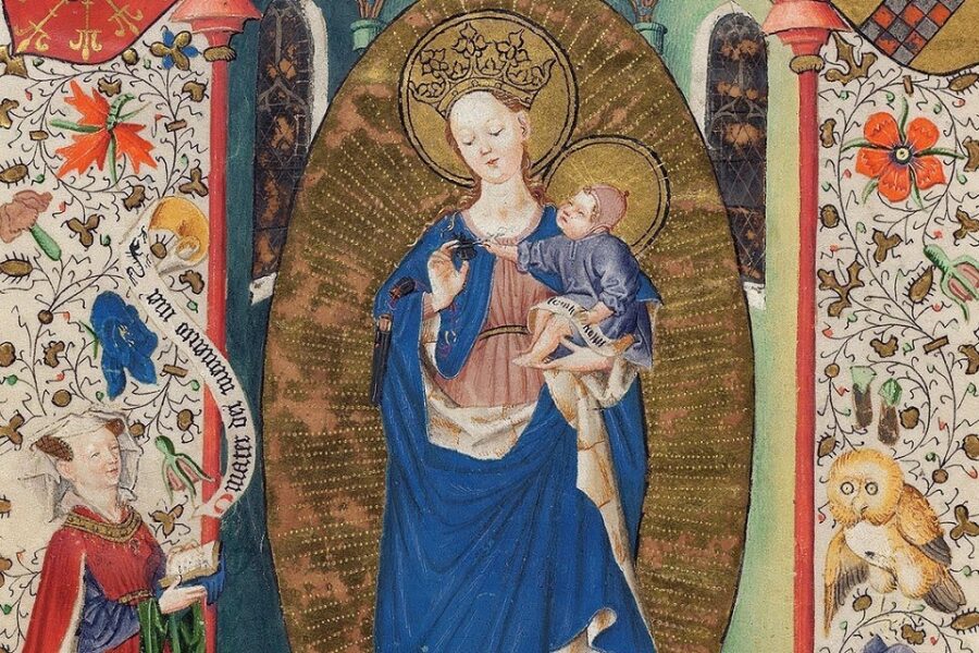 Katharina van Kleef (1417-1479) in haar Getijdenboek, knielend voor Maria