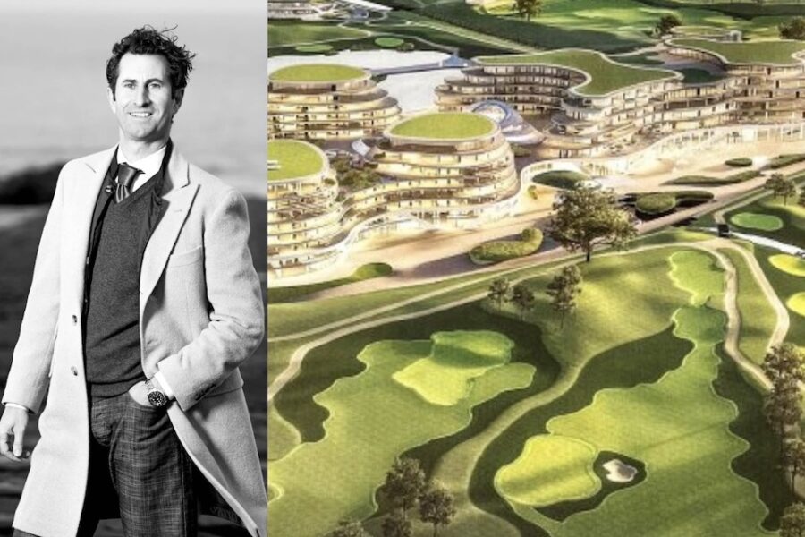 Peter Taffeiren met naast hem het ontwerp van het golfterrein met hotel.