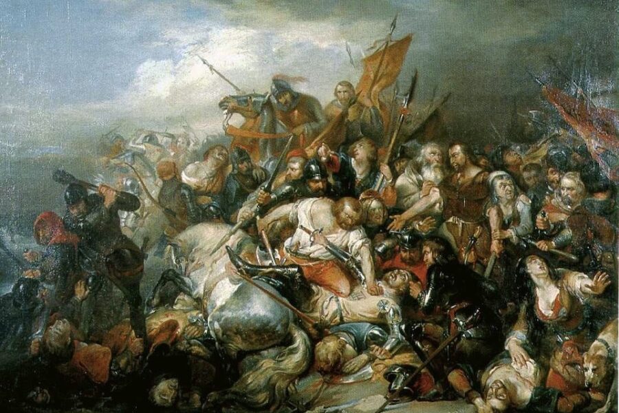 Willem Van Saeftinghe doodt Robert II van Artesië. Voorstudie door Nicaise De
Keyser.