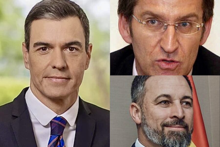 Van links naar extreem rechts: premier Pedro Sànchez, Fiejòo van PP (boven) en
Abascal van Vox.