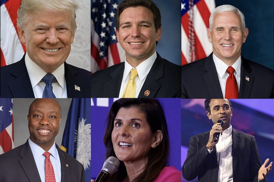 Vlnr.: (boven) Donald Trump, Ron Desantis, Mike Pence (onder) Tim Scott, Nikki
Haley en Vivek Ramaswamy.