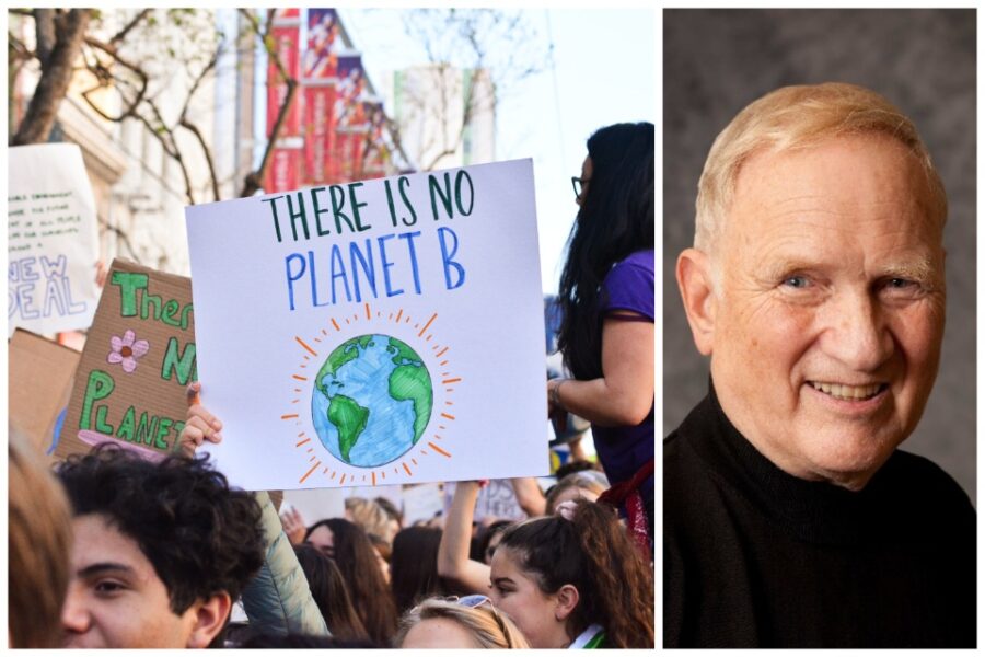 Klimaatprotest (links) en John Clauser (rechts)/