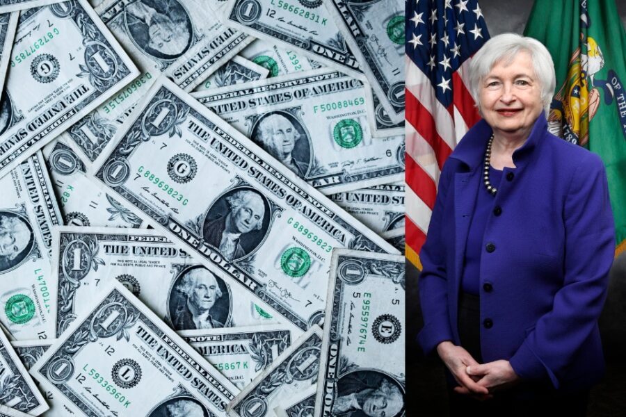 De Amerikaanse dollar (links) en Janet Yellen (rechts).