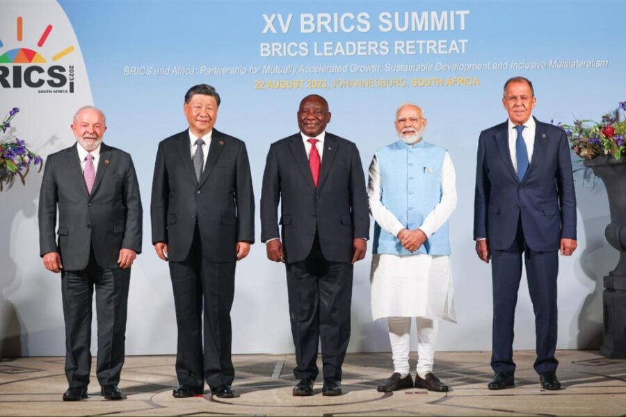 Lula da Silva, Xi Jinping, Cyril Ramaphosa, Narendra Modi en Sergey Lavrov, de
BRICS-leiders.