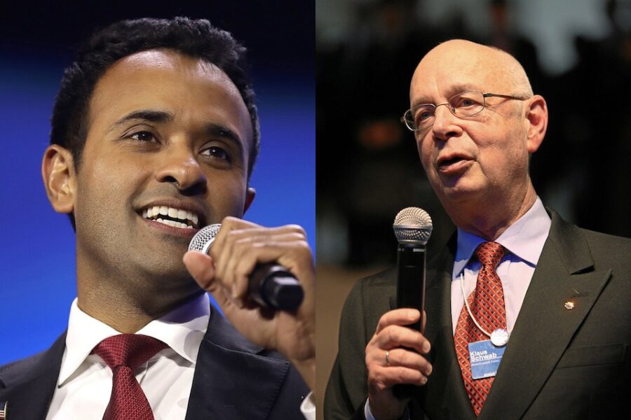 Amerikaans Presidentskandidaat Vivik Ramaswamy (links) voerde proces tegen het
WEF van Klaus Schwab (rechts).