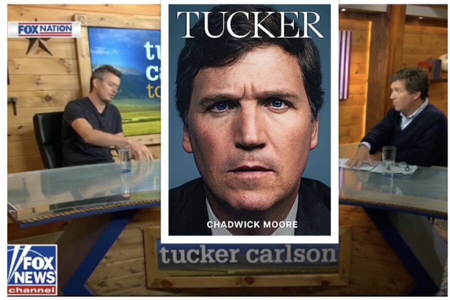 Mattias Desmet bij Tucker Carlson, toen nog bij Fox News. Midden: de biografie
‘Tucker’, gesaboteerd door Amazon?