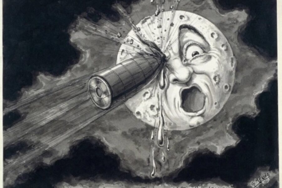 Tekening van Georges Méliès, gebaseerd op zijn film ‘Le Voyage dans la Lune’
(1902), satire op Jules Verne