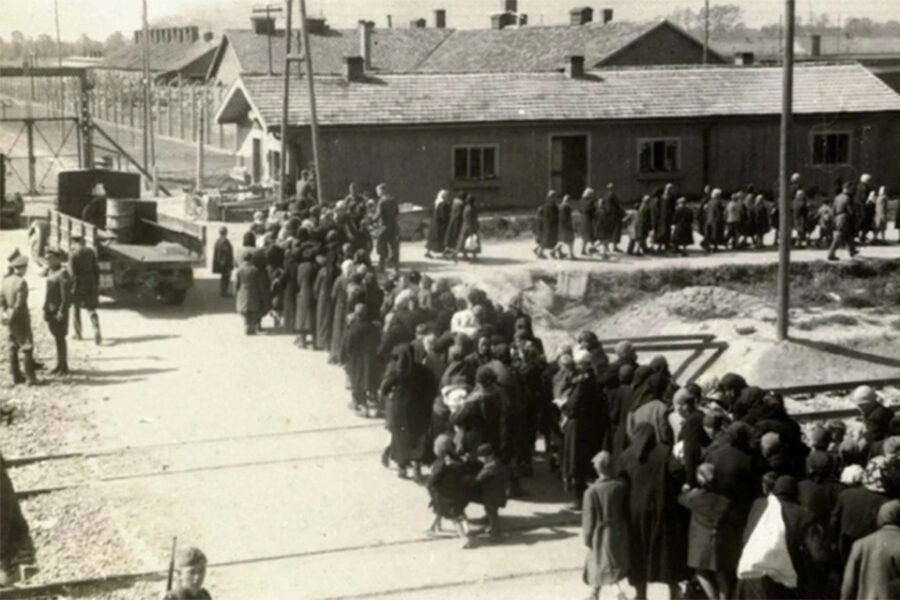 Joden op weg naar de gaskamers (Auschwitz Album, Lili Jacob, mei 1944)