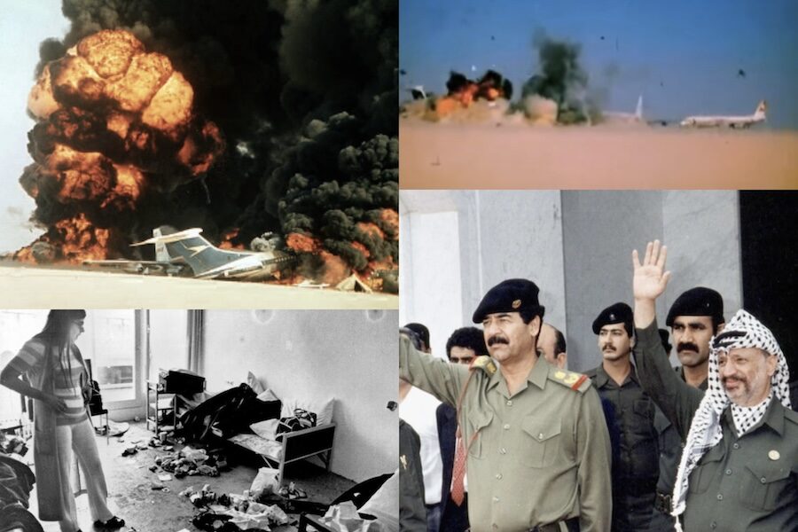 Bovenaan: de vliegtuigkapingen door de PLO in Jordanië, Linksonder: de Zwarte
September aanslag op de Olympische Spelen in Munchen en rechts onderaan:
bondgenoten Saddam Hoessein en Yasser Arafat.