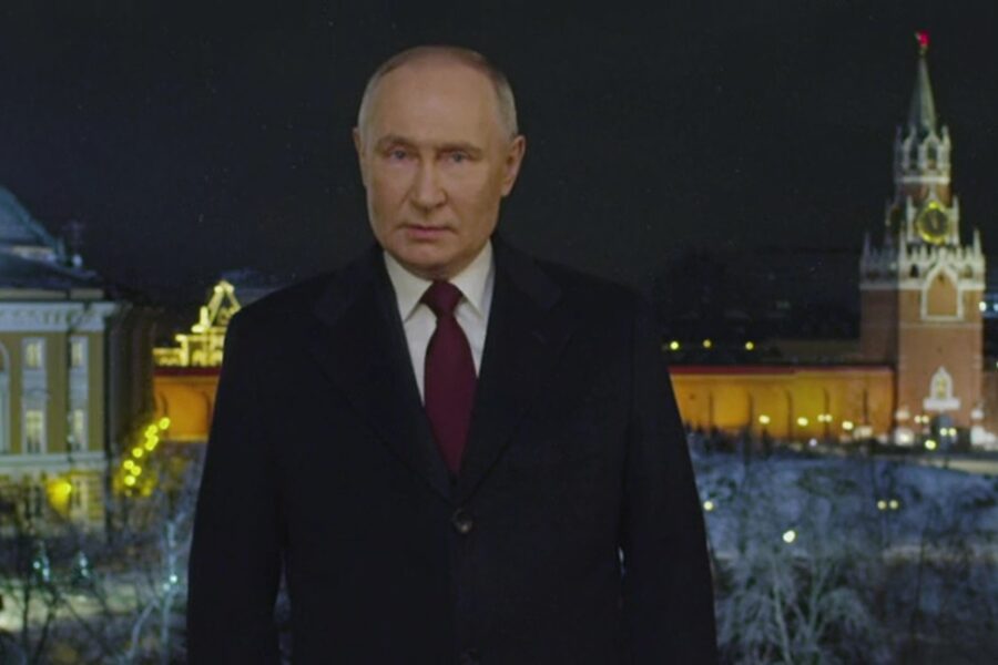 President Poetin tijdens de Nieuwjaarstoespraak van 2024.
