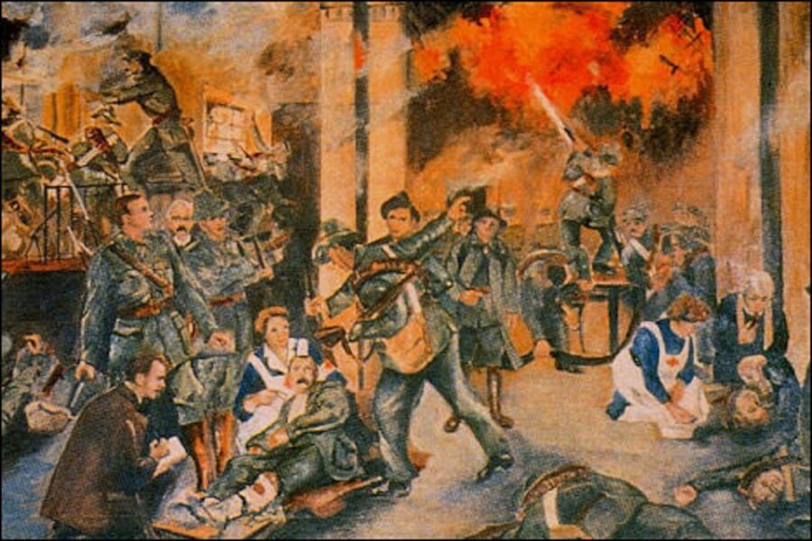 De Britse aanval op de General Post Office afgebeeld op ‘Birth of the Irish
Republic’ van Walter Paget