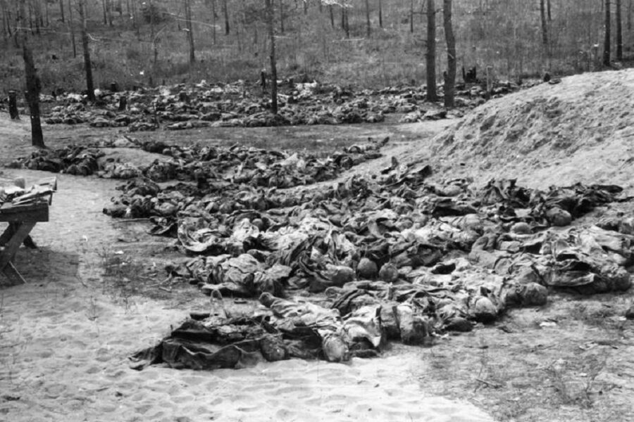 Rijen met lichamen van Poolse officieren, opgegraven door de Duitsers, wachten
op nadere bestudering