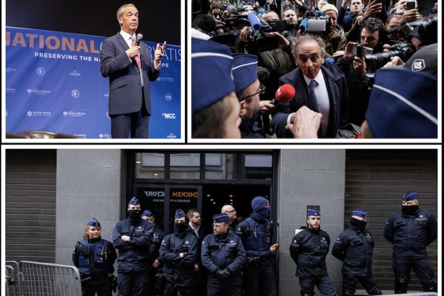 Linksboven: Nigel Farage op de conferentie. Rechtsboven: Éric Zemmour mag al
niet meer binnen. Onder: Politie verhindert de toegang tot de bijeenkomst
vanwege ‘het risico voor de openbare orde’…
